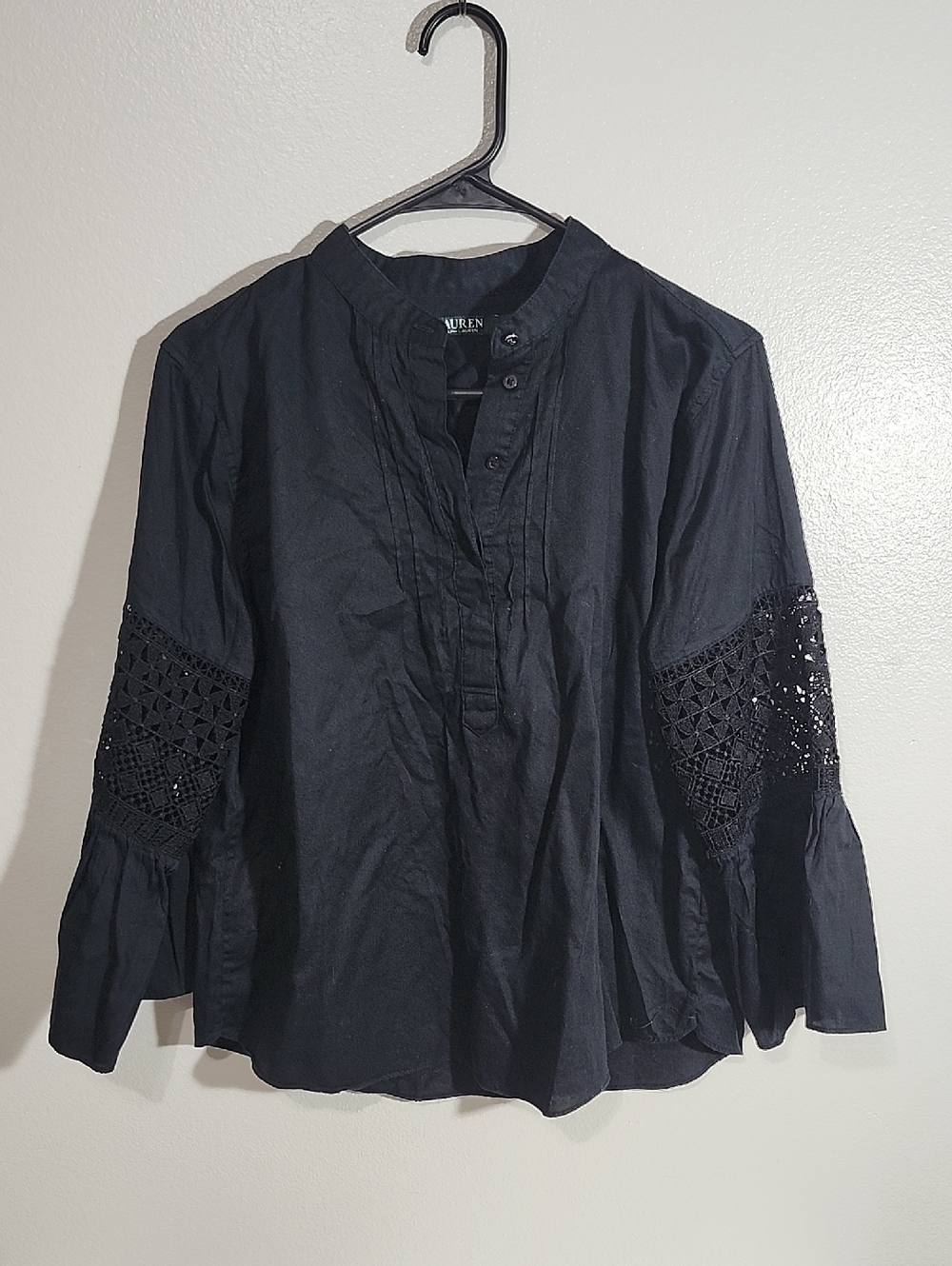 Lauren Ralph Lauren Black Crochet-Inset Peasant Top